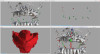 Fig 3. CBCT of scan appliance merge with fiducial markers. Upper left: scan appliance in the mouth with threshold adjusted to show fiducial markers; Lower left: scan appliance by itself; Upper right: scan appliance by itself with threshold adjusted to show only the fiducial markers; Lower right: merged image after matching the fiducial markers in the upper left and upper right quadrants.